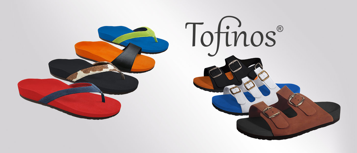 Tofinos - der gesunde Maßschuh. Kollage der verschiedenen Tofinos Modelle. Sandalen mit zwei Riemen, drei Riehmen oder als Flip-Flops. Fußbettfarben: rot, orange, schwarz und blau.